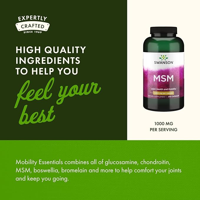 Swanson MSM - Essential Minerals Promoting Mobility &amp Joint Health Support - Helps to Maintain Connective Tissue Health Including Cartilage Collagen &amp Hair - (240 Capsules 1000mg Each) 2 Pa