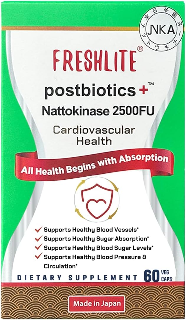 FRESHLITE 2500FU Premium NSK-SD Nattokinase &amp Vegan Postbiotics for Cardiovascular Support | Blood Pressure Cholesterol &amp Heart Health | JNKA Certified | Non-GMO Gluten-Free 60 Capsules Jap