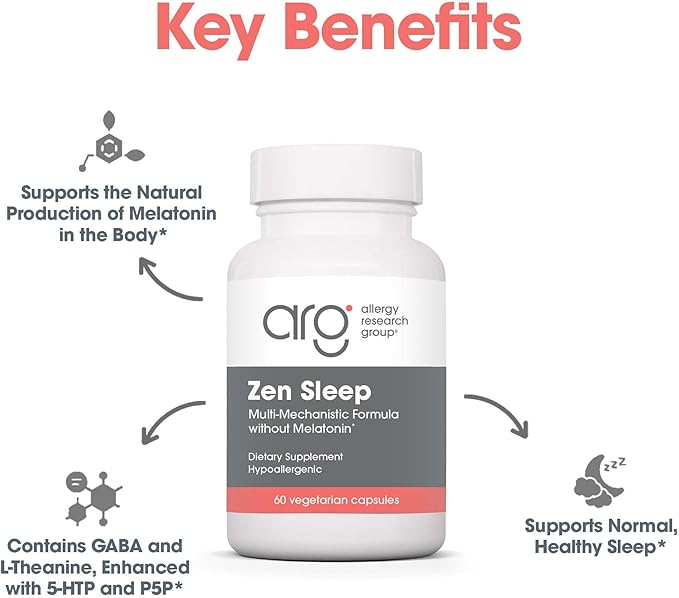 Allergy Research Group ARG Zen Sleep - Supports Relaxation and Natural Sleep Patterns Without Melatonin - L-Theanine GABA and 5-HTP Formula - Vegetarian &amp Hypoallergenic - 30 Servings - 60 Capsule