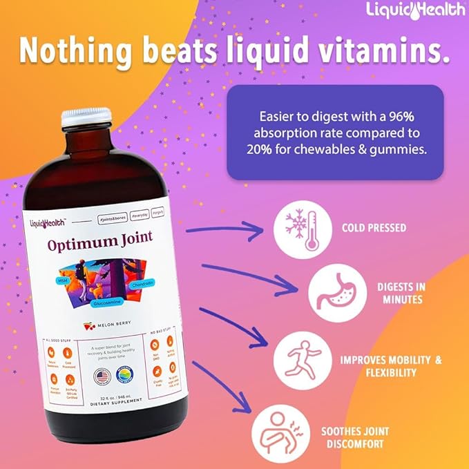LIQUIDHEALTH Optimum Joint Liquid Supplement &amp Organic Methyl B12 5000mcg Vitamin Drops with Tart Cherry Juice for Immune Support Bone &amp Joint Health Naturl Energy Boost Improved Focus &amp