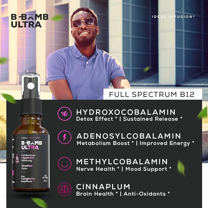 Ideal Infusion B-Bomb Triple B12 Vitamin Liquid Spray: Methylcobalamin Adenosylcobalamin Hydroxocobalamin - Nerve Health and Energy Booster- 5000 mcg Keto Sugar Free (Organic CinnaPlum)