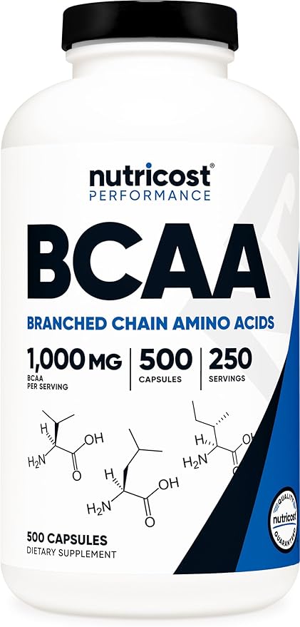 Nutricost BCAA 1000mg 500 Capsules (250 Serv) 2:1:1 Branched Chain Amino Acids (500mg of L-Leucine 250mg of L-Isoleucine and L-Valine)