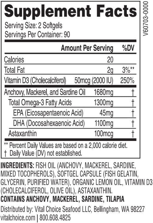 Vital Choice Om3 Dha+D Concentrated Dha Fish Oil and Vitamin D3 Dietary Supplement 180 Softgels