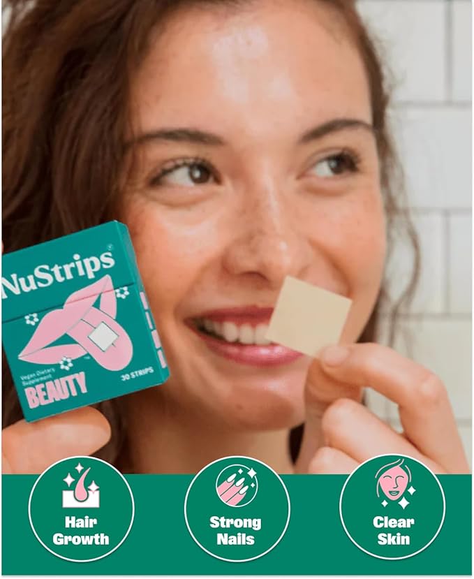 NuStrips™ Fast-Dissolving Beauty Strips with Biotin Folate &amp Vitamin E – Hair Skin &amp Nails Supplement – Supports Hair Growth &amp Reduces Hair Fall – Non-GMO Vegan – Delicious Strawberry (