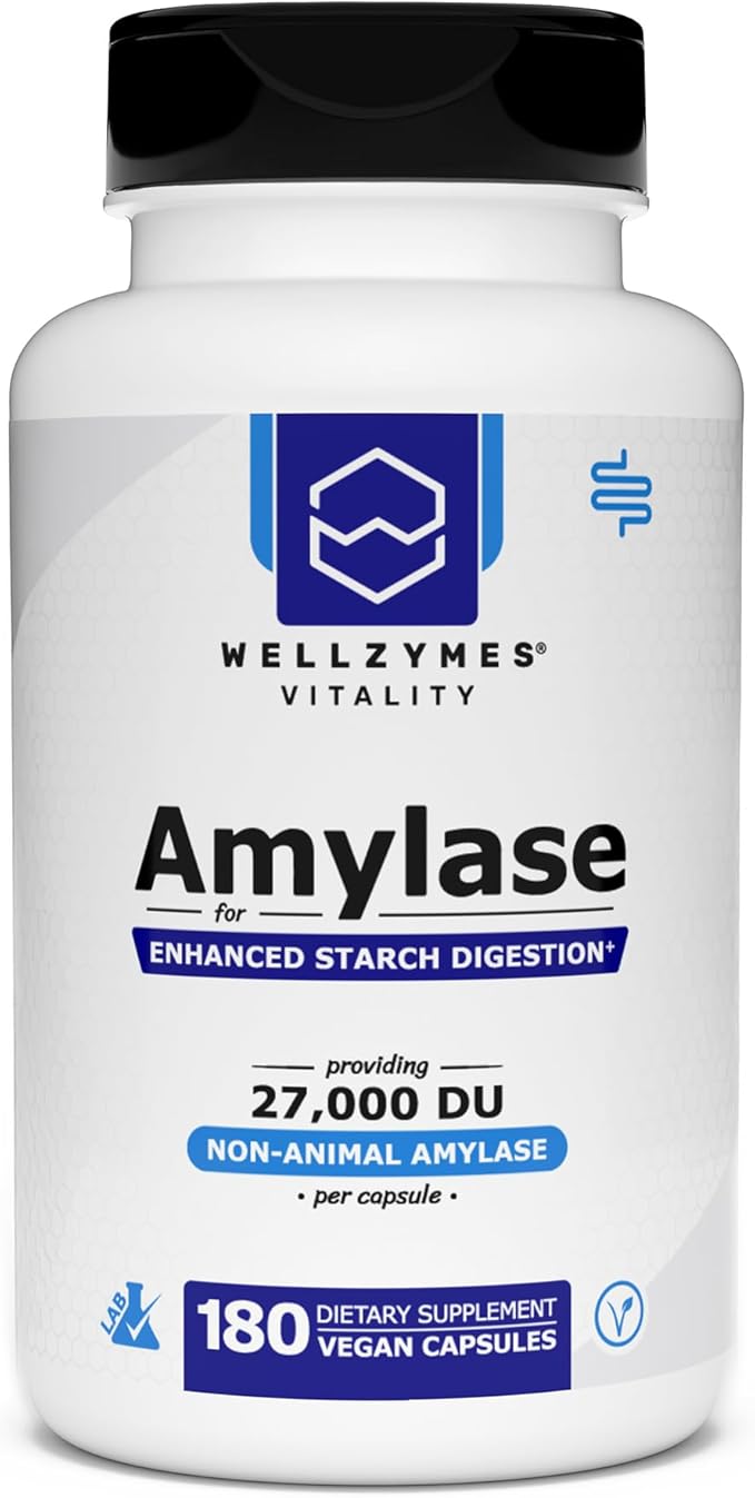 Wellzymes® Amylase for Enhanced Starch Digestion | Single Enzyme | 27000 DU Amylase per Capsule | Helps Digest Meals &amp Snacks High in Complex Carbohydrates | 180 Vegan Capsules