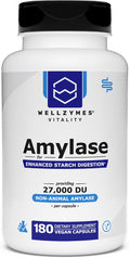 Wellzymes® Amylase for Enhanced Starch Digestion | Single Enzyme | 27000 DU Amylase per Capsule | Helps Digest Meals &amp Snacks High in Complex Carbohydrates | 180 Vegan Capsules