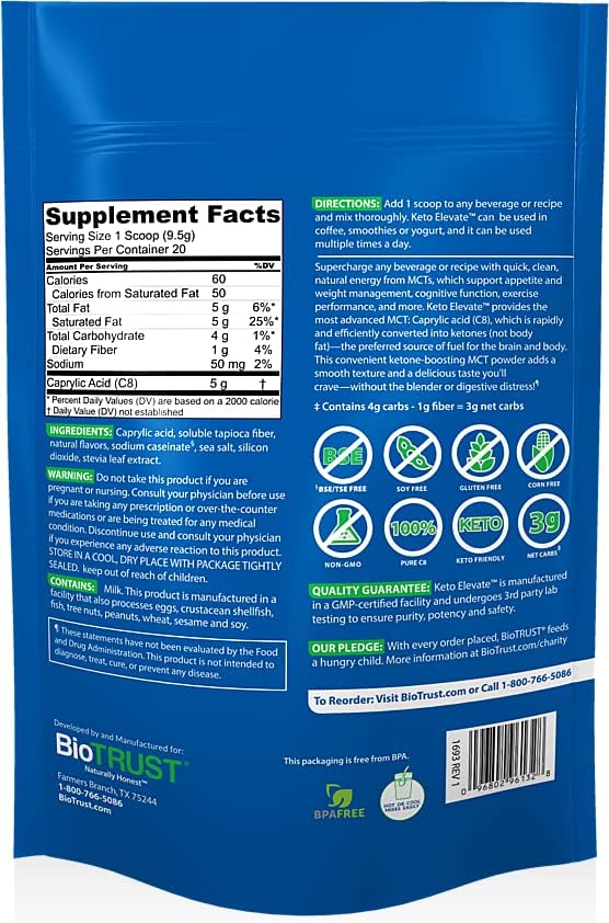 BioTrust Keto Elevate Pure C8 MCT Oil Powder (Hazelnut) BlenderBottle Bundle