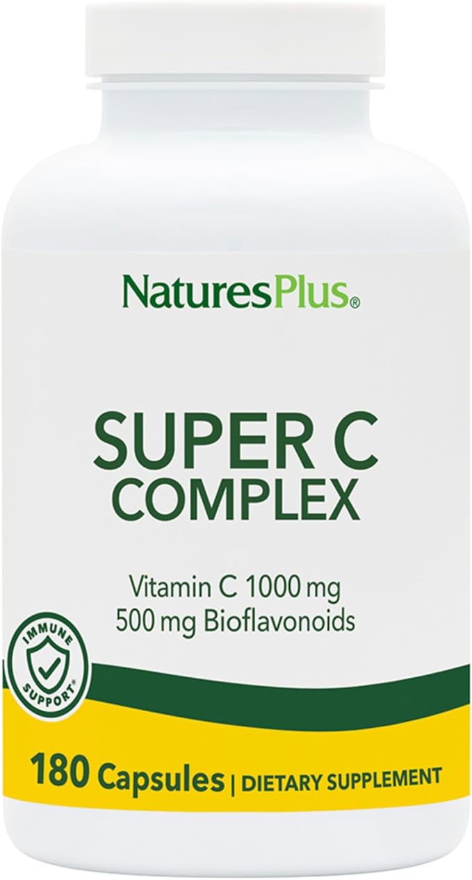 NaturesPlus Super C Complex - 180 Capsules - 1000mg Vitamin C + 500mg Bioflavonoids - Vegan Gluten Free - 90 Servings