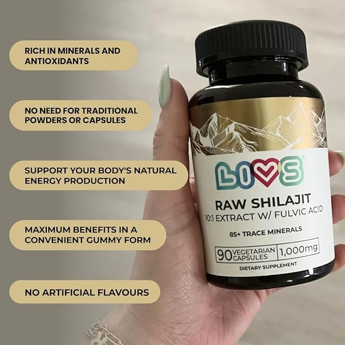 LIVS Raw Himalayan Shilajit Capsules - 1000mg per Serving - Concentrated 10:1 Extract with Fulvic Acid &amp 85+ Trace Minerals - Daily Energy &amp Immune Support - Vegan Non-GMO - 90 Count