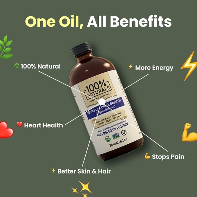 100% Naturals Pure Virgin Organic Black Seed Oil (8oz Glass Premium Bottle) - Cold-Pressed Nigella Sativa Oil with Natural Antioxidants High in Thymoquinone Chemical-Free Kosher Non-GMO