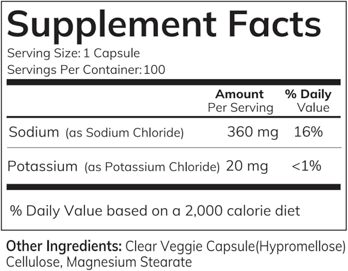 Electrolyte Capsules – Sodium &amp Potassium Hydration Supplement – No Sugar No Sweeteners No Flavoring No Iodine – 100 Vegan Capsules