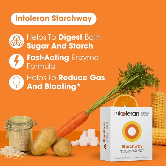 Intoleran Starchway Digestive Enzymes - 50 Capsules Supplement for Starch &amp Sucrose | Helps Digest Sugars &amp Starchy Foods | Invertase &amp Gluco-Amylase Enzymes | Pure &amp Vegan | Low FODMA
