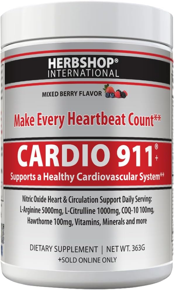 Cardio 911® Nitric Oxide Heart &amp Circulation Support - 5000mg L-Arginine &amp 1000mg L-Citrulline - Mixed Berry 30 Servings Powder 363 Grams - CoQ10 Beet Root - High Potency Cardiovascular Form