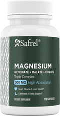 Safrel | Triple Magnesium Complex 300mg | Magnesium Glycinate Malate Citrate | Chelated High Absorption Formula | Vegan Non GMO Gluten Free | 120 Capsules