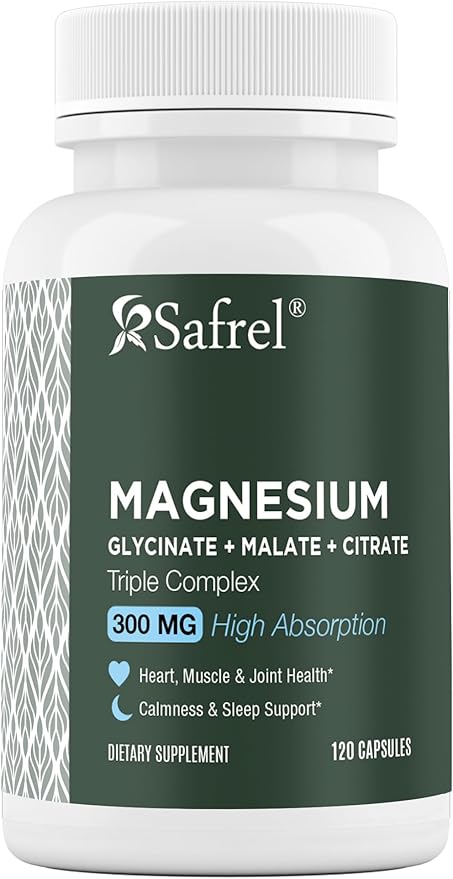 Safrel | Triple Magnesium Complex 300mg | Magnesium Glycinate Malate Citrate | Chelated High Absorption Formula | Vegan Non GMO Gluten Free | 120 Capsules