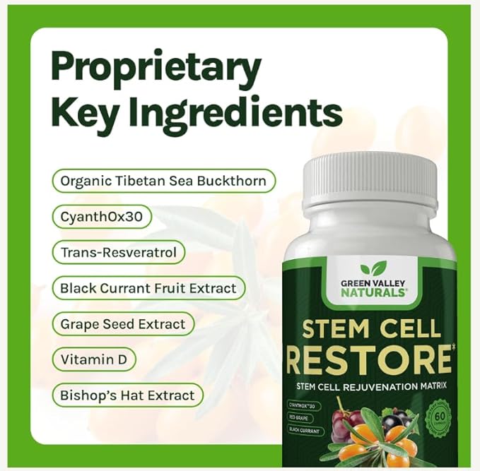 GREEN VALLEY NATURALS Stem Cell Restore – Cellular Health Support Supplement with CYANTHOX™30 Sea Buckthorn Black Currant Grape Seed &amp Resveratrol | Antioxidant &amp Healthy Aging Support | 60