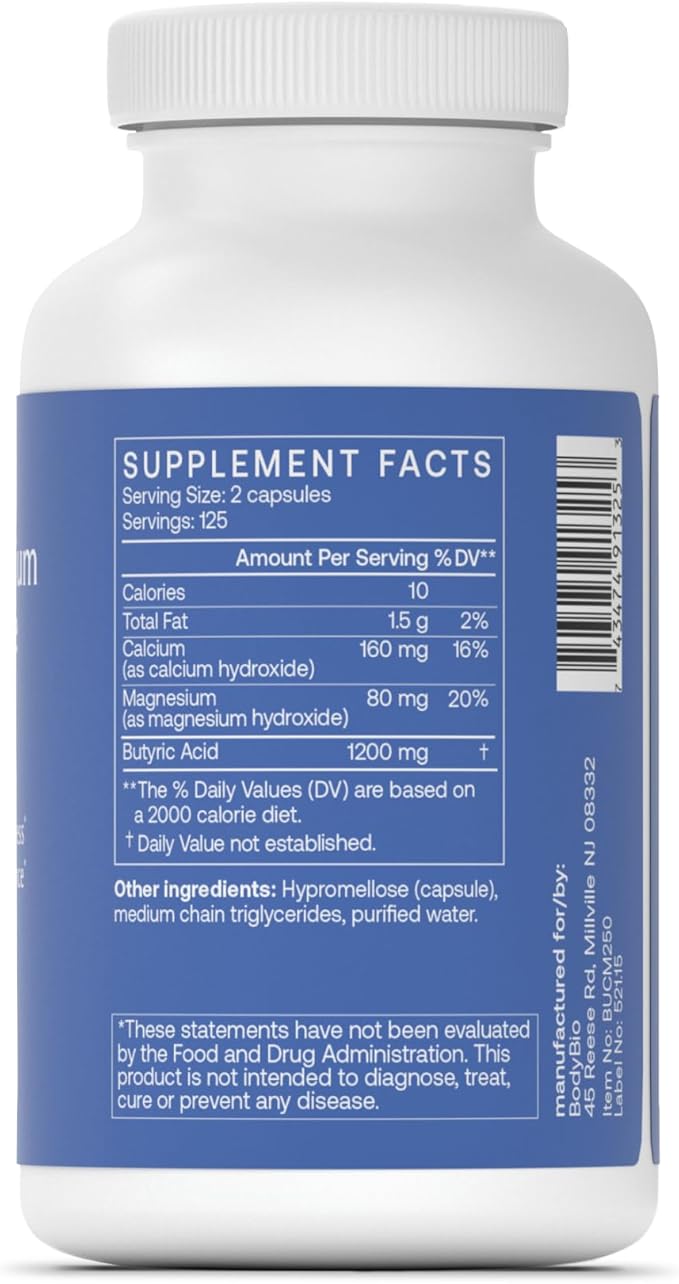 BodyBio Butyrate - Postbiotic for Gut Health Digestive Support Bloat Gas &amp Constipation Relief Leaky Gut Repair - Calcium Magnesium + Butyric Acid Supplement for GI Wellness
