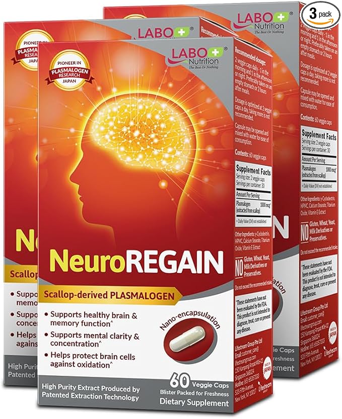 LABO Nutrition NeuroREGAIN - Scallop-derived PLASMALOGEN for Brain Deterioration Memory Alertness Learning Concentration and Other Cognitive Functions – Suitable for Seniors Adult Men &amp Women