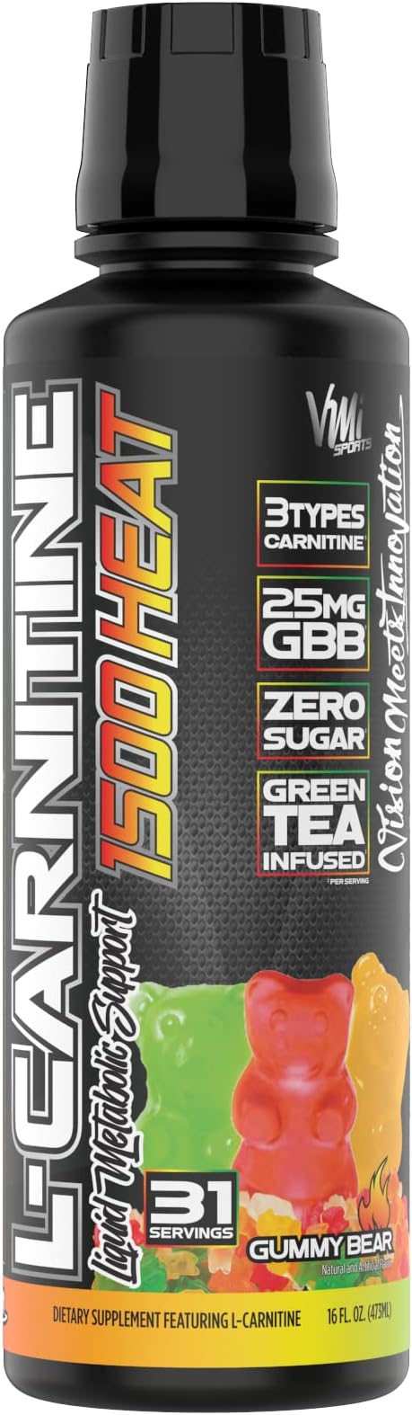 VMI Sports L-Carnitine 1500 Heat Liquid Enhanced Thermogenic | 1500 mg Carnitine | Maximum Absorption Formula | Great Taste for Men &amp Women | 31 Servings (Gummy Bear)