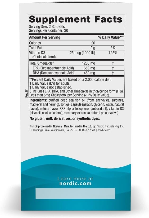Nordic Naturals Ultimate Omega-D3 Lemon Flavor - 60 Soft Gels - 1280 mg Omega-3 + 1000 IU Vitamin D3 - EPA &amp DHA - Promotes Brain Heart &amp Immune Health - 30 Servings