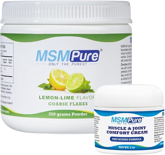 KALA HEALTH MSMPure Lemon Lime Flavored Coarse Flakes 8.8 oz and Muscle &amp Joint Cream 2oz Bundle