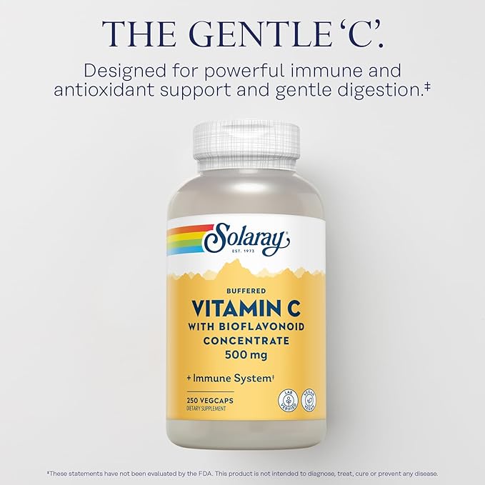 SOLARAY Buffered Vitamin C 500mg - with Bioflavonoids Rose HIPS and Acerola Cherry - Immune Support Supplement - Easy to Digest Vegan Lab Verified 60-Day Guarantee - 250 Servings 250 VegCaps