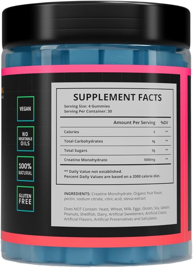 Jaeva Sugar Free Creatine Monohydrate Gummies 5g 5000mg for Men &amp Women Blueberry - 120 Count Pre Workout Energy Boost for Building Muscle and Strength Vegan Non-GMO - 3rd Party lab Tested