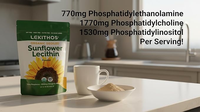 Organic Sunflower Lecithin Powder (Deoiled) | 1770mg Phosphatidylcholine Per Serving | Omega-6 &amp Omega-9 Fatty Acids | USDA Organic Non-GMO Soy-Free Gluten-Free Vegan | 16oz (454g)