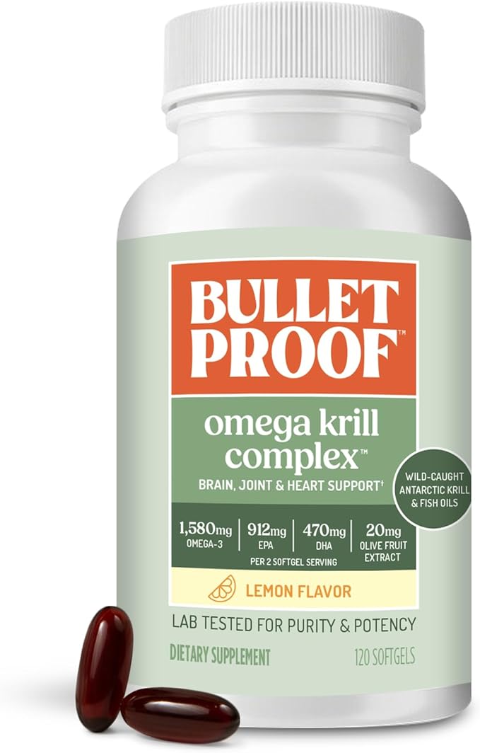 Bulletproof Omega Krill Complex Softgels 120 Count – Lemon Flavor Omega 3 Supplement with Krill &amp Fish Oil 1560mg EPA DHA &amp GLA Supports Brain Heart &amp Joint Health Non-GMO Gluten Fr