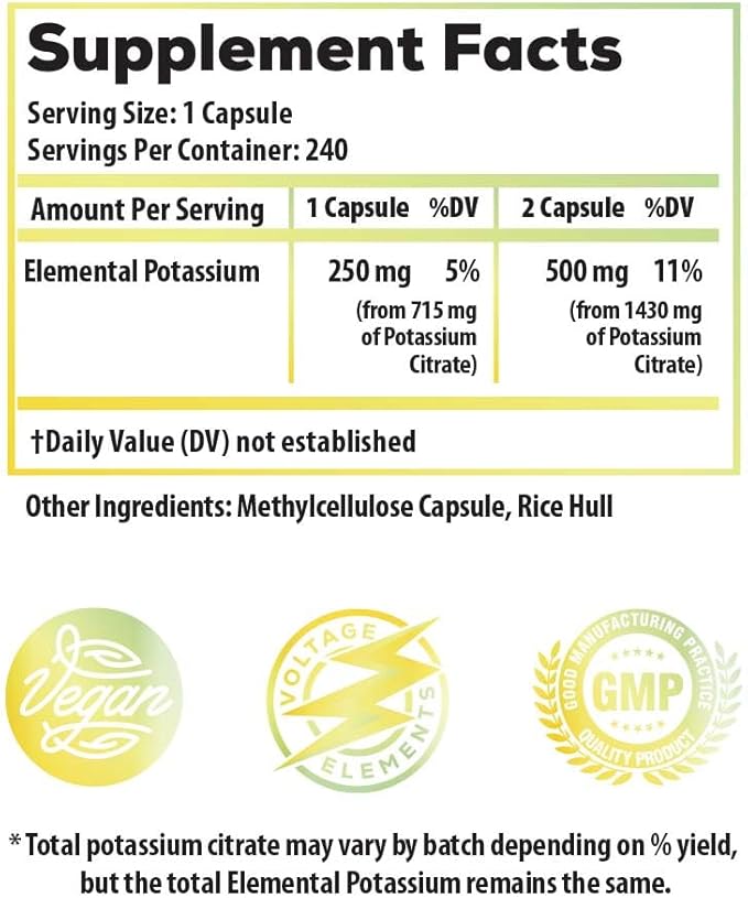 Potassium Citrate 1430mg - Heart &amp Kidney Health Electrolyte Balance Nerve Function - Elemental Potassium 500mg (240 Capsules) Vegan