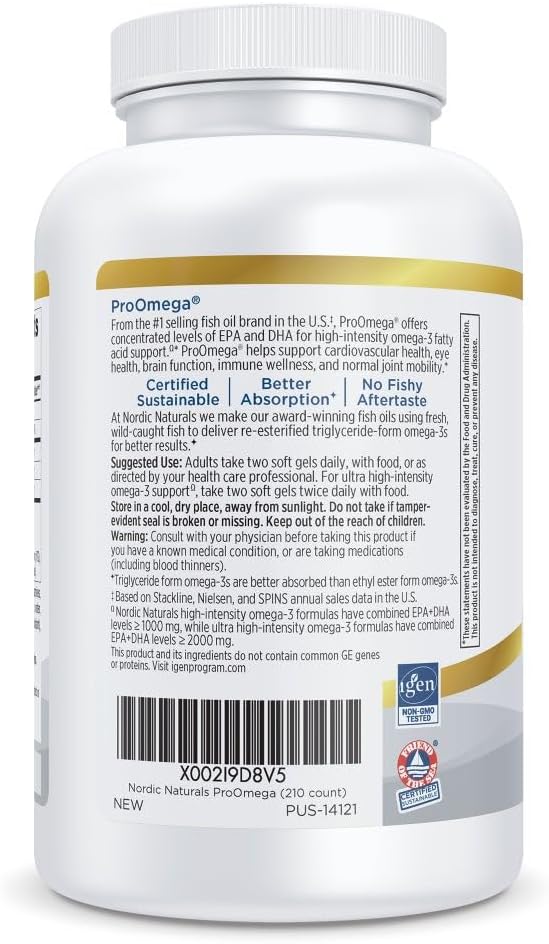 Nordic Naturals ProOmega Lemon Flavor - 210 Soft Gels - 1000 mg Omega-3 - High-Potency Fish Oil with EPA &amp DHA - Promotes Brain Eye Heart &amp Immune Health - Non-GMO - 105 Servings