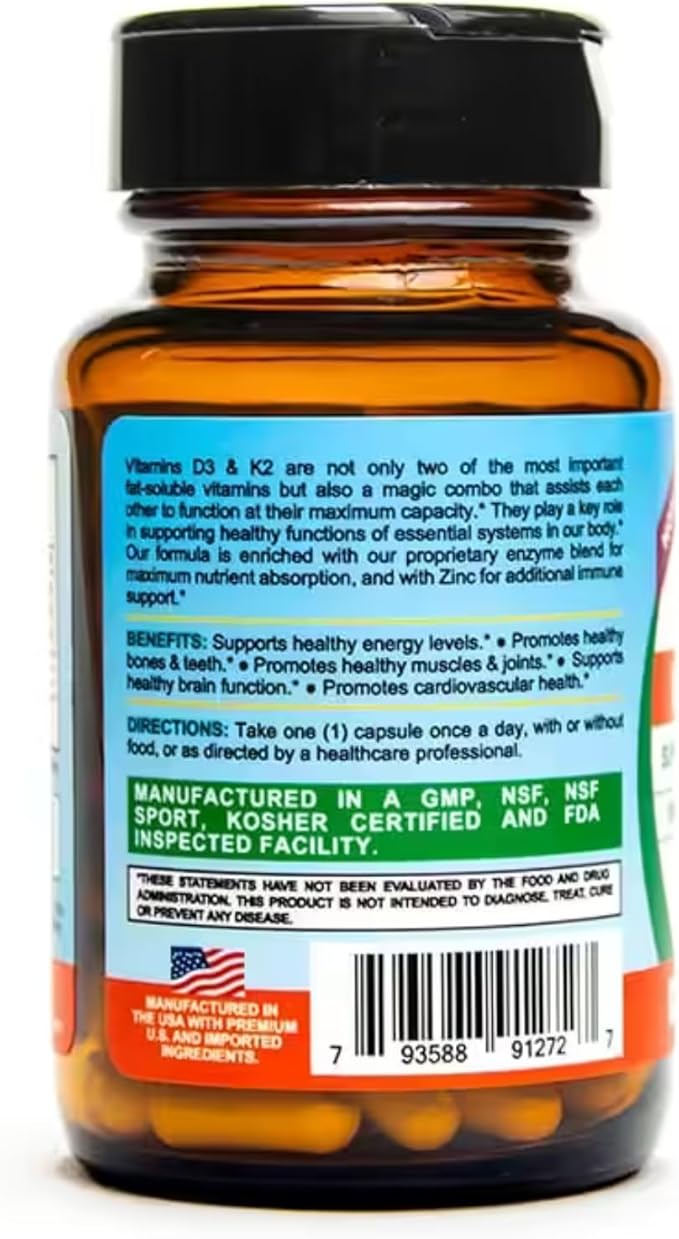 Life Infused Vitamin D3 + K2 Supplement with Zinc &amp Enzymes — 3000 IU D3 MK-7 K2 Immune &amp Bone Support Enhanced Absorption Non-GMO Vegan Capsules 90 Count