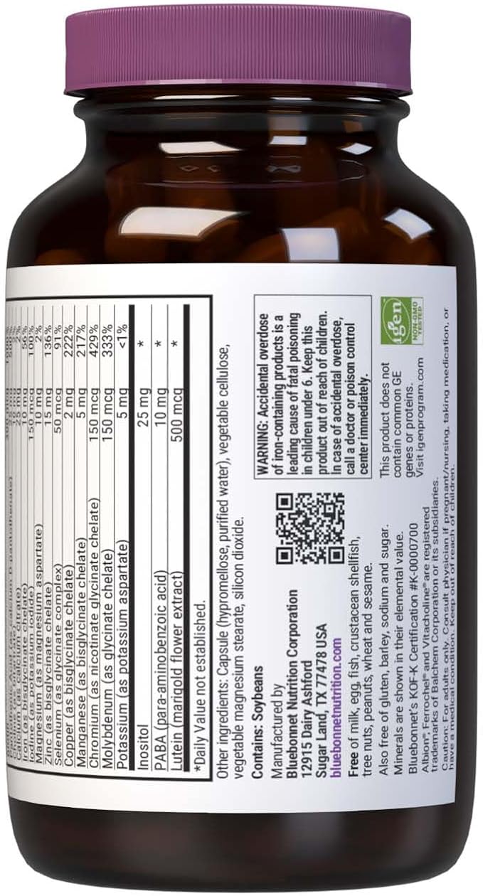 Bluebonnet Nutrition Mult One (with Iron) Daily Nutritional Support* Vegetarian Friendly Kosher Certified Gluten-Free Dairy-Free 60 Vegetable Capsules 60 Servings