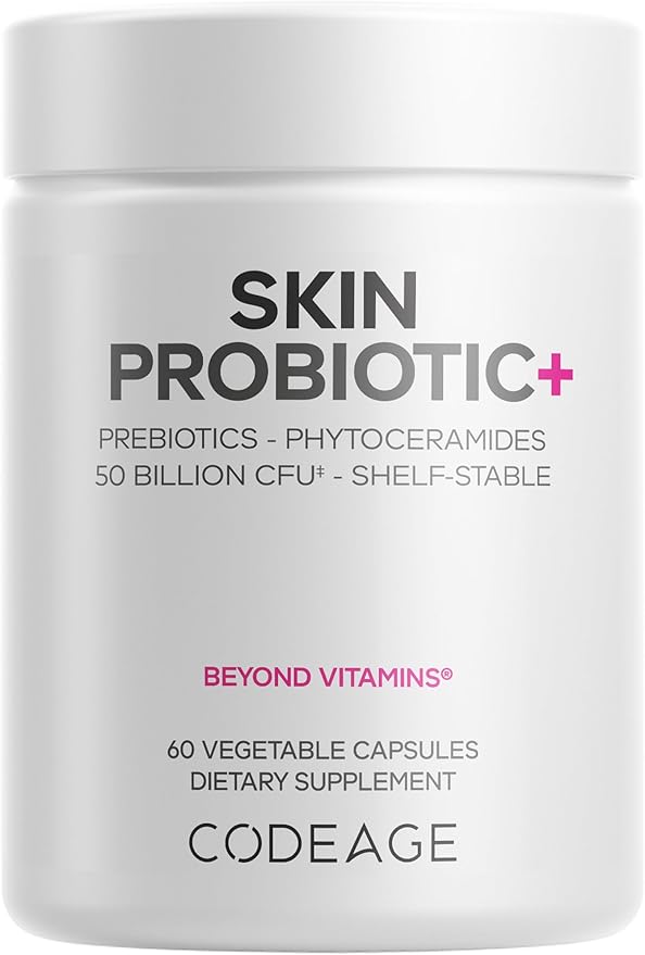 Codeage Skin Probiotics + Prebiotics - Skin Care Routine Supplement - 50 Billion CFU - Ayurvedic Botanical Herbs - Face Probiotics - Shelf Stable Cleanser Non-GMO Vegan - 60 Capsules
