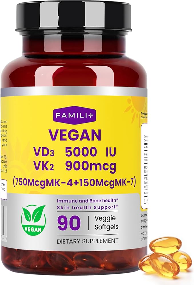 FAMILI+ 90 Days Vegan Vitamin D3 5000IU +K2 900Mcg Softgel with Coconut MCT Oil | 5000IU Plant Source Vitamin D3+750Mcg MK4+150Mcg MK7 | Broad Spectrum K2| Bone Muscel Teeth Overall Health|100% Vegan