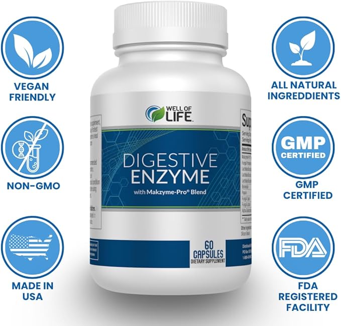 Well of Life Digestive Enzyme: 700mg 60 Vegetarian Capsules Enhance Digestive Health Nutrient Absorption &amp Gut Health Lactobacillus Bromelain Papain &amp More All-Natural Vegan Made in U