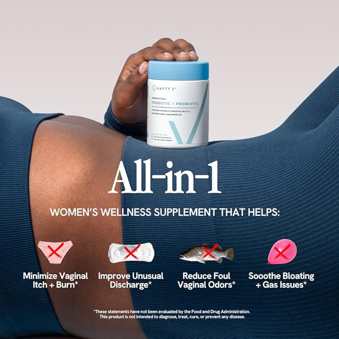 Happy V Dr. Formulated Vaginal Probiotics for Women Odor &amp Itch Support Urinary &amp Gut Health pH Balance | Womens Daily Probiotic with Patented Prebiotics &amp Lactobacillus for Feminine Wel