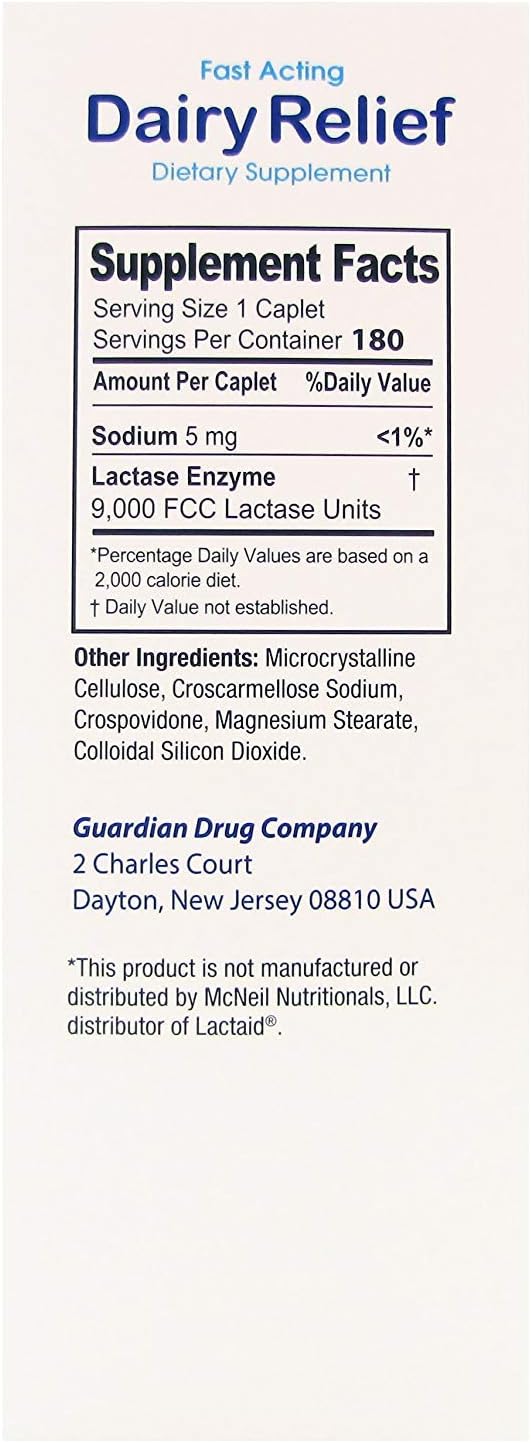 guardian Dairy Relief Fast Acting Lactase 180 Caplets 9000 FCC Maximum Strength Lactose Intolerance Pills Lactase Enzyme (180 CT)