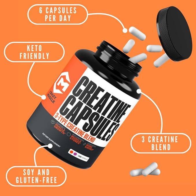 Crazy Muscle Creatine Capsules 5g of Premium 3X ThreeAtine Pre Workout Bulk Mass Gainer High Absorption Easy to Take Creatine Monohydrate Optimum Performance for Men Women 360 Capsules