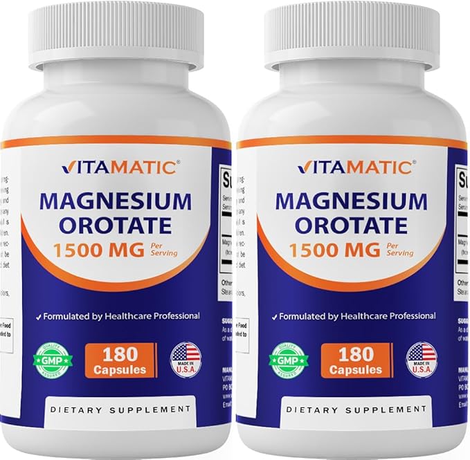 Vitamatic Magnesium Orotate Supplement – 1500mg per Serving 180 Capsules – Supports Muscle Nerve and Heart Health - Non-GMO Gluten Free - 2 Pack