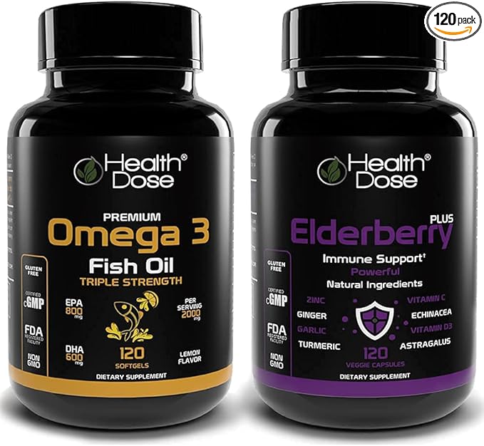 Premium Immune Support Bundle by Health Dose Omega 3 Fish Oil Triple Strength Gluten-Free Non-GMO 120 Softgels + Elderberry Plus 11 in 1 Defense Immune Support Booster 120 Chlorophyll Capsules.