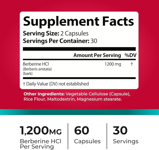 Berberine Supplement 1200mg – Organic Berberine Weight Loss Metabolic &amp Heart Health Support – High Absorbency Pure Berberine HCl Formula – 60 Capsules