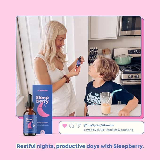 JoySpring Sleepberry Kids Melatonin 3 mg – Liquid Sleep Aid with L Theanine High Absorption Berry Drops (2 fl oz) 60 Servings Children's Melatonin with Vitamin D Kids Travel Essentials