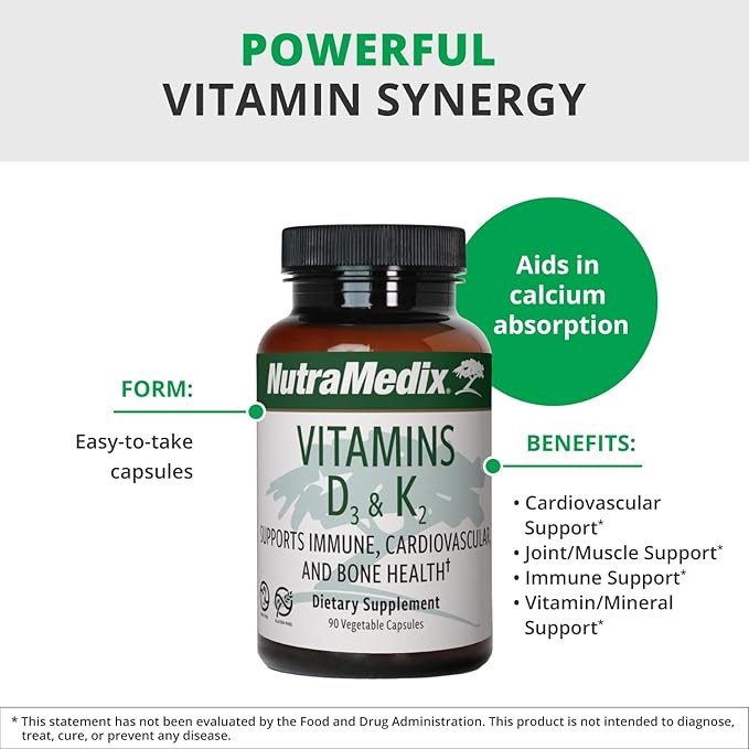NutraMedix Vitamin D3 and K2 Immune Support Supplement for Women &amp Men - Help Support Heart Health - Can Assist with Calcium Metabolism (90 Capsules)