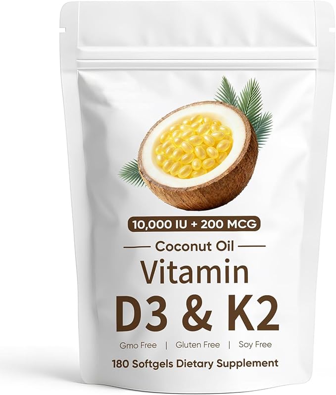 CrownHer Naturals D3 K2 Real Good Essentials Vitamin D3 10000 IU + K2 200 MCG Vitamin D3 &amp K2 Coconut Oil Softgels Capsules for Bone Immune Health Boosts Energy &amp Calcium Absorption 180 G
