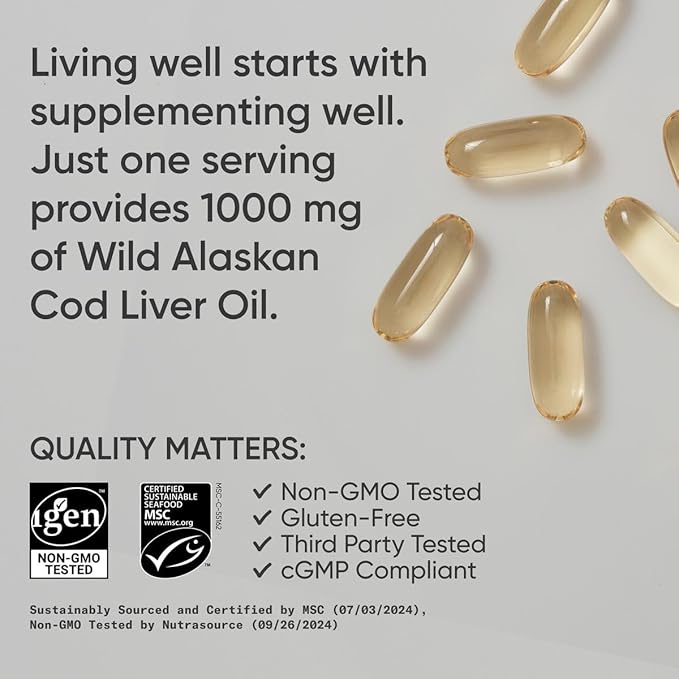Sports Research® Omega-3 Wild Alaskan Cod Liver Oil 1000mg with Vitamins A (1000 IU) &amp D3 (400 IU) - Burpless Bovine Free Non-GMO &amp MSC Certified Sustainable - 120 Softgels