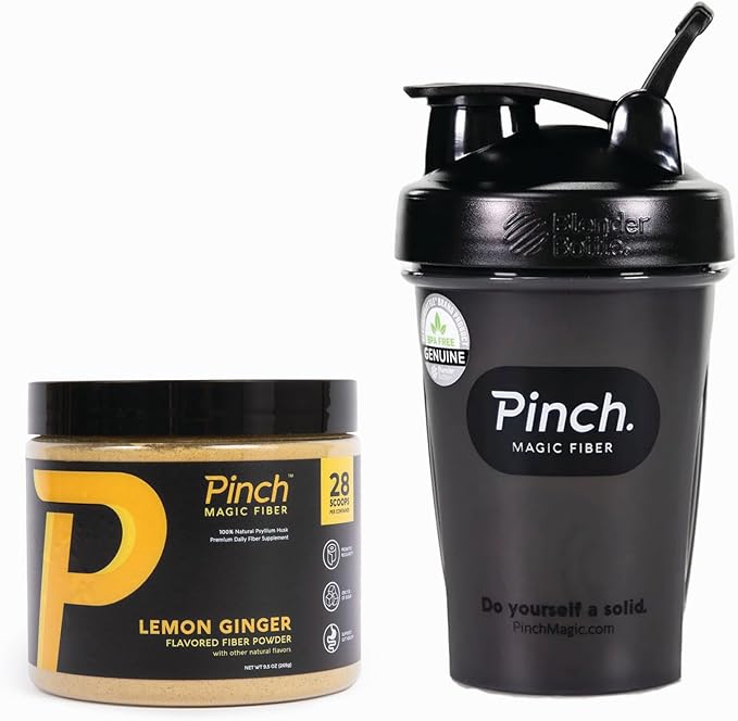 Pinch Magic Fiber &amp Shaker Combo | Prebiotic Psyllium Husk Fiber for Digestive Health Keto Vegan Low Sugar | BPA-Free Shaker for Smooth Mixing Travel-Friendly Dishwasher Safe | 28-Day Supply