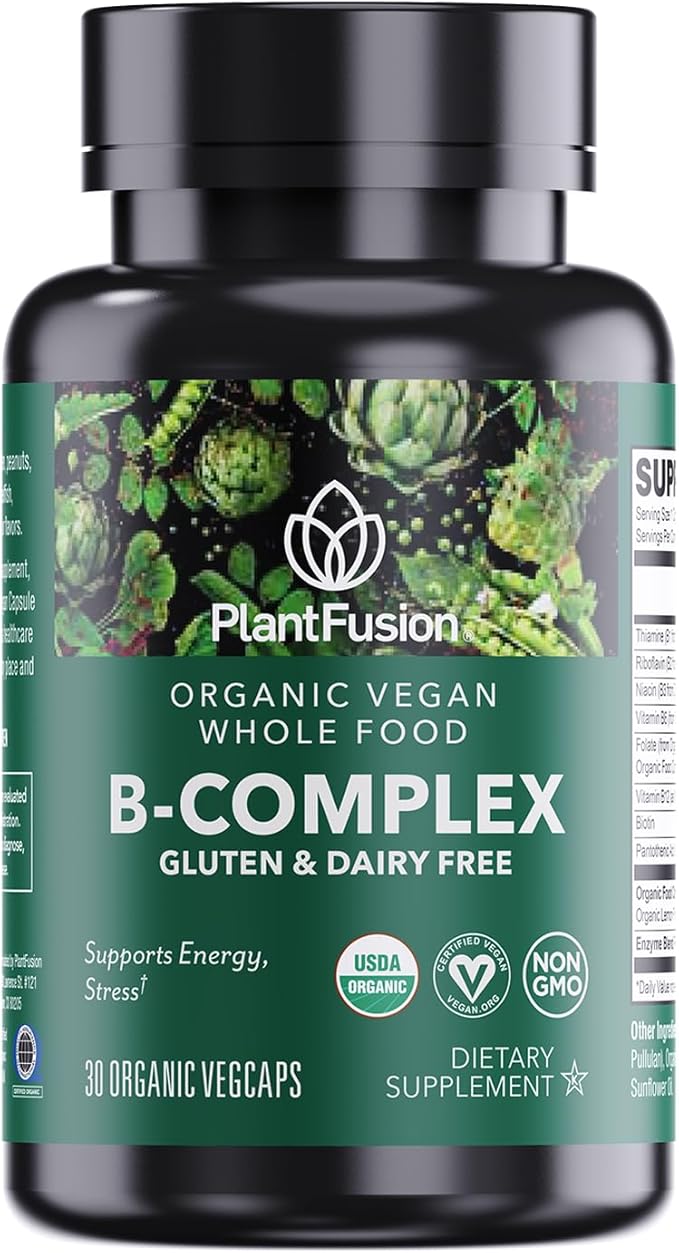 PlantFusion Organic Vitamin B-Complex Vegan Whole Food Supplement for Energy &amp Metabolism Methylated B12 Guava Lemon &amp Basil Non-GMO Gluten-Free - 30 Capsules