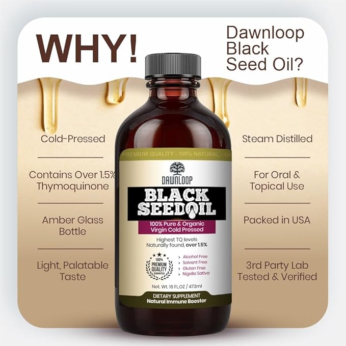 DAWNLOOP Black Seed Oil Organic Cold Pressed (8oz - Pack of 3) - 100% Pure High Thymoquinone Nigella Sativa Black Cumin Oil for Immune Support Brain Function Digestion Joint Mobility Gluten Free