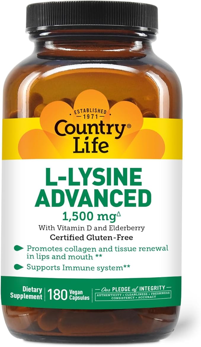 Country Life L-Lysine 1500mg Capsules with Vitamin D &amp Elderberry – Advanced Immune Support and Collagen Renewal – Certified Gluten-Free &amp Vegan – 180 Capsules